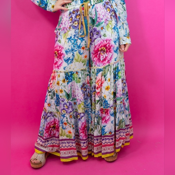 Aratta Pants - Aratta Ibiza Floral Boho Wide-Leg Pants Elastic Waist Romantic Cottagecore Small